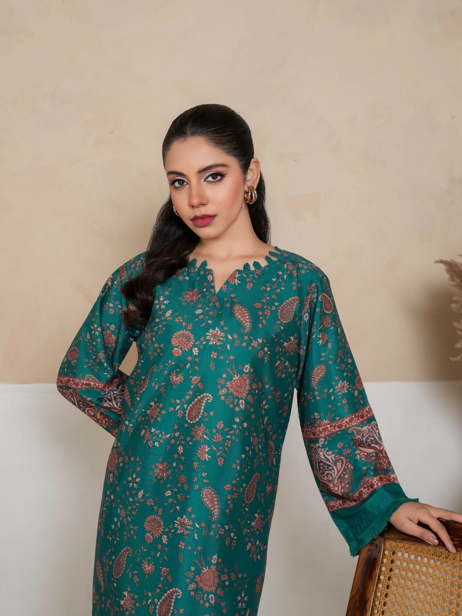 Stylish Collection Amaya Pret Silk Grip Printed Stitched 2-Piece Suit-Morni Green