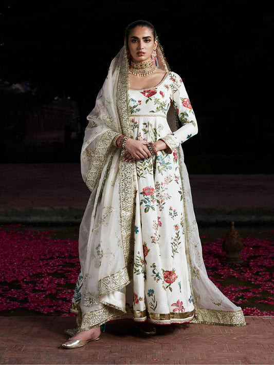 Hussain Rehar Festive Pret’25 ivory Korean raw silk pishwas with chanderi churidar and embroidered organza dupatta, stitched 3-piece suit.