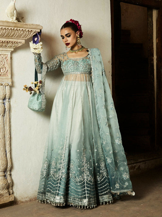 Ice Blue Hussain Rehar Luxury Organza Peshwas Embroidered Unstitched 3-Piece Suit-Maa’iya