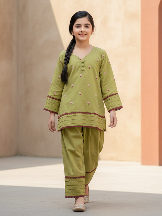 Velvour Girls Cotton Embroidered Stitched 2-Piece Suit-VG180-A