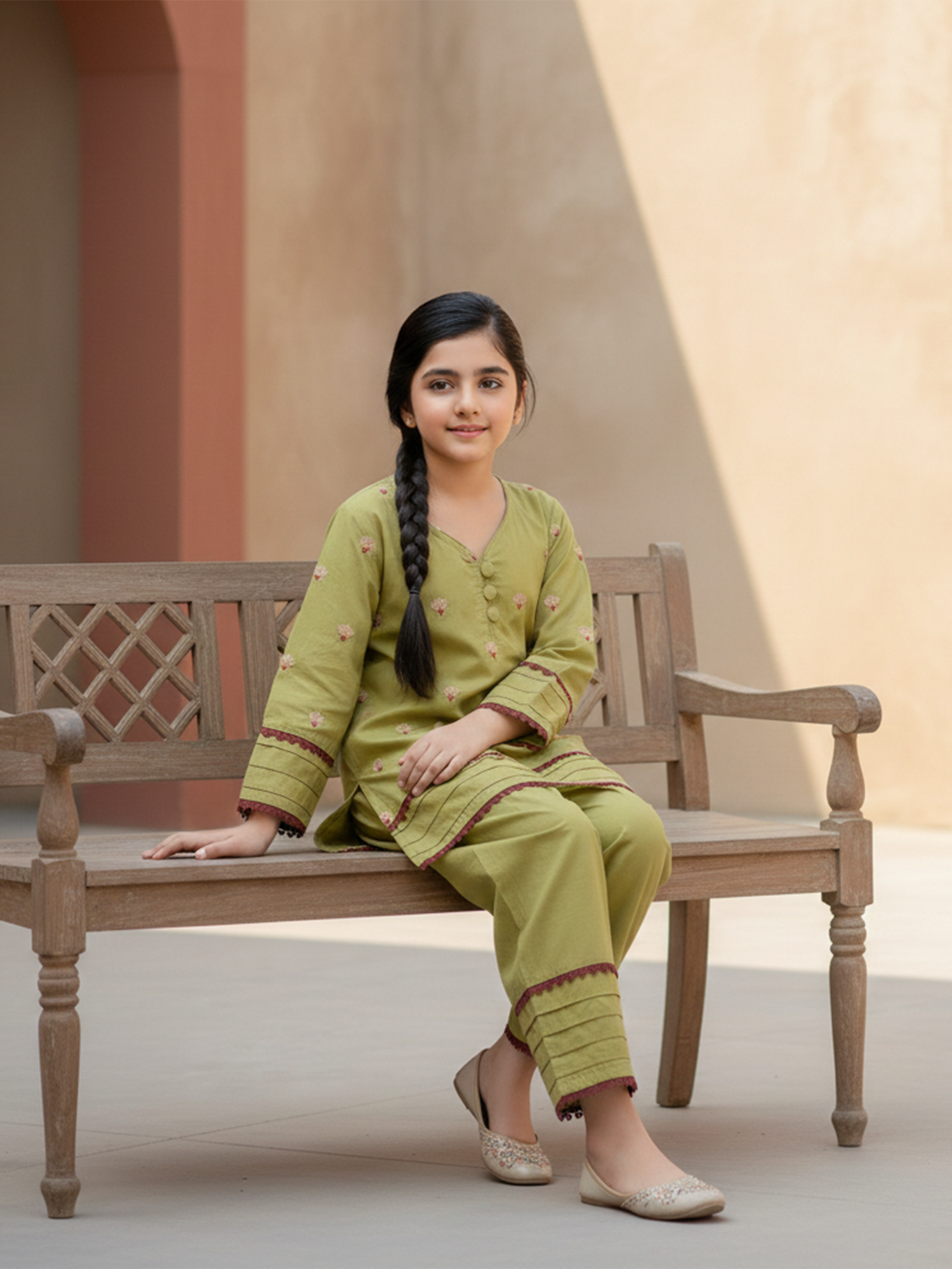 Velvour Girls Cotton Embroidered Stitched 2-Piece Suit-VG180-A