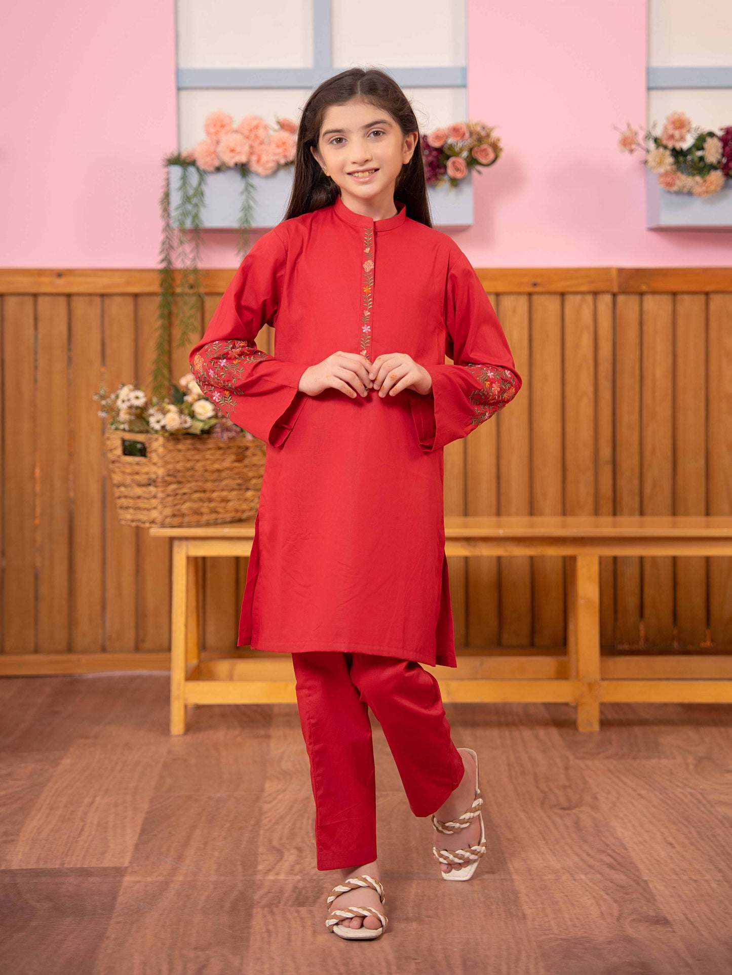 Velvour Girls Cotton Embroidered Stitched 2-Piece Suit-VG91-B