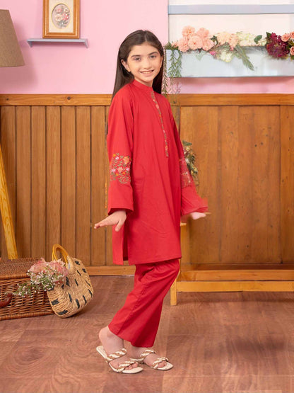 Velvour Girls Cotton Embroidered Stitched 2-Piece Suit-VG91-B