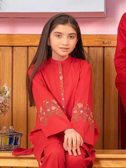 Velvour Girls Cotton Embroidered Stitched 2-Piece Suit-VG91-B