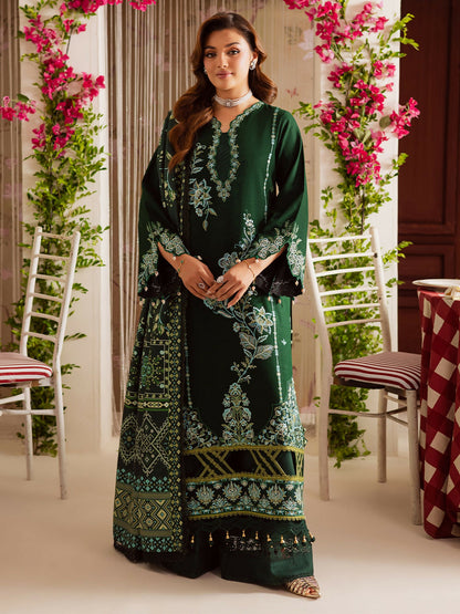 Unstitched 3-piece khaddar suit with embroidered shirt, printed wool shawl, and plain dyed trouser from Mahnur Nova Khaddar ’25 collection.