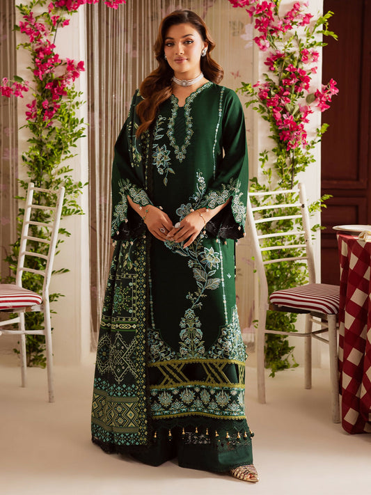 Unstitched 3-piece khaddar suit with embroidered shirt, printed wool shawl, and plain dyed trouser from Mahnur Nova Khaddar ’25 collection.