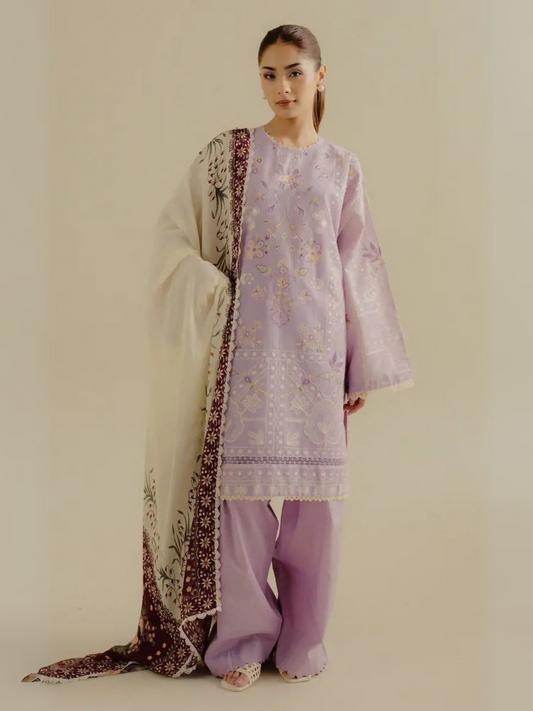 Unstitched 3-piece embroidered suit with embroidered lawn shirt, dyed cambric trouser, and digital printed silk dupatta, ideal for festive and formal wear.