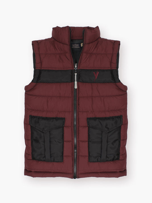 Unisex puffer sleeveless jacket by Velvour for boys and girls, stitched polyester winter gilet with collar, zip closure, two side pockets, and smart fit.