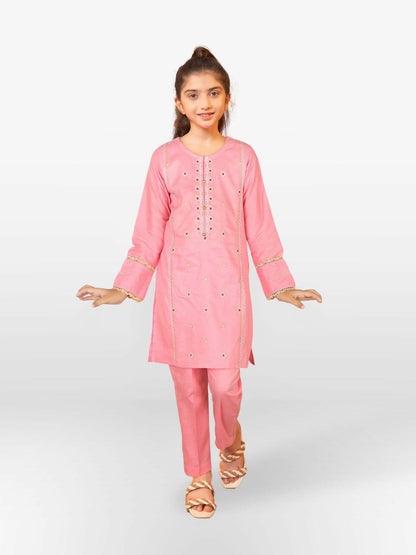 Light Pink Velvour Girls Embroidered Stitched 2-Piece Suit-VG87-A