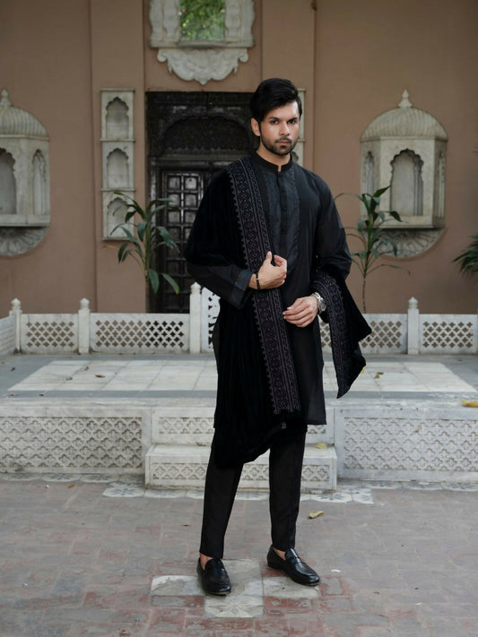 Fabrich Men Luxury Embroidered Velvet Shawl Black-GTS-VS-003