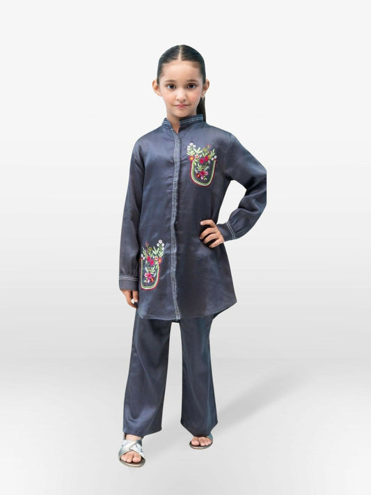 harcoal Grey Velvour Girls Embroidered Stitched 2-Piece Suit-VG71