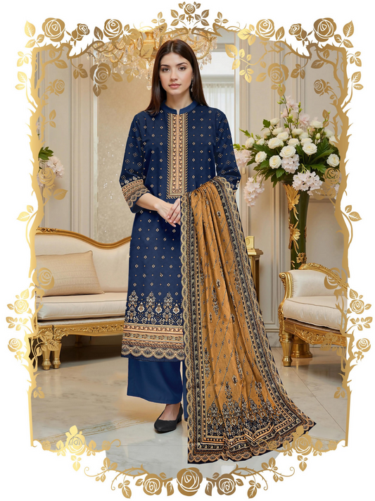 Girl standing in an unstitched 3-piece suit featuring a premium printed lawn shirt, slub voile dupatta, and dyed cotton trouser, ideal for graceful daily wear.