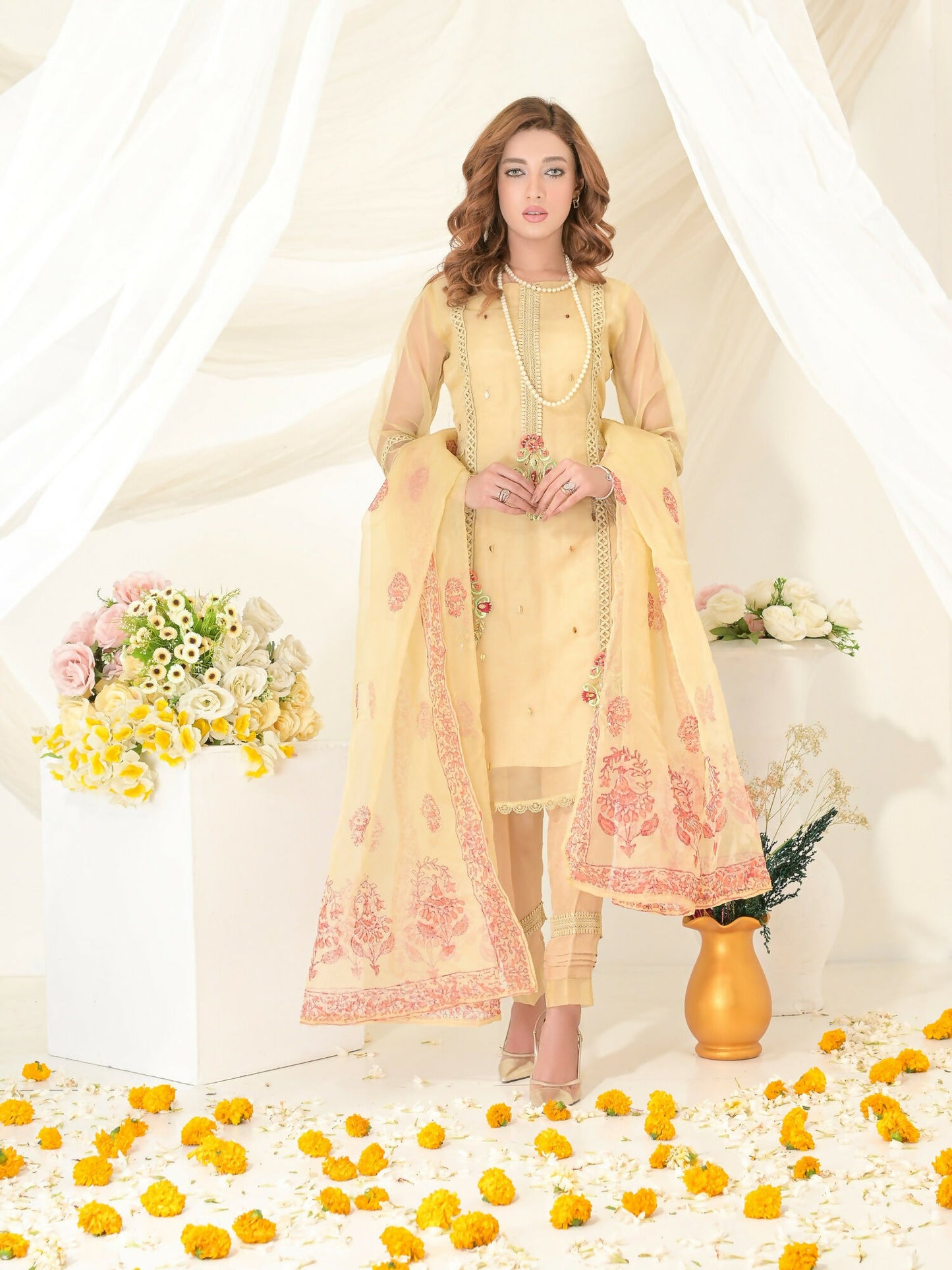 Ruby's Couture Gul-Bahar Organza Embroidered Stitched 3-Piece Suit-Zawiya