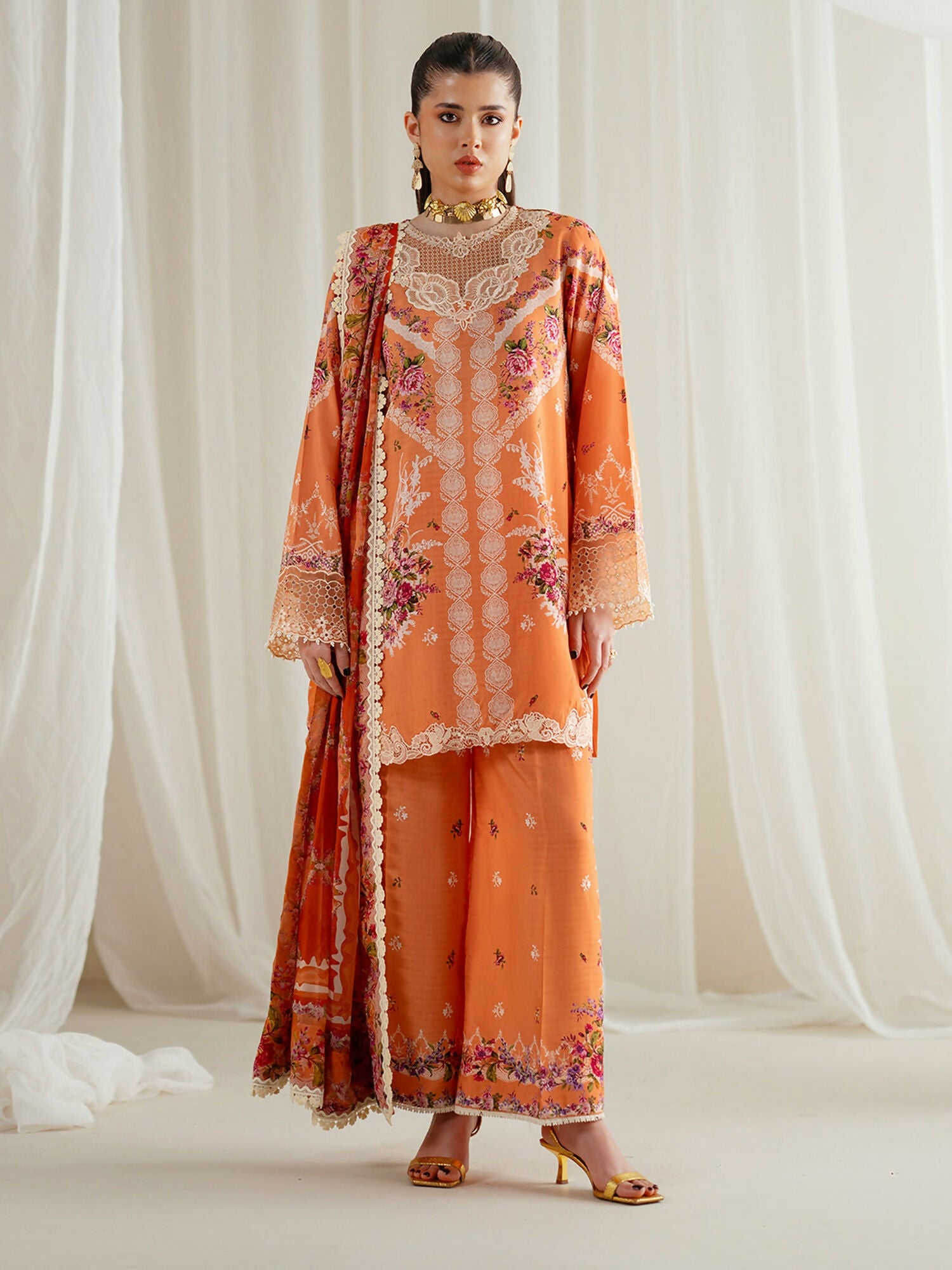 Binilyas Eres Bonita Viscose '25 embroidered unstitched 3-piece suit with organza details, printed viscose shirt, chiffon dupatta, and trouser.