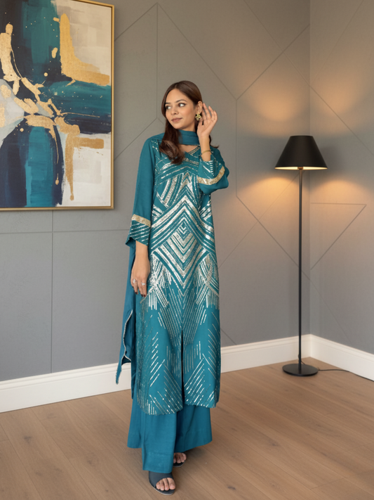 Green Zubia Motiwalla Silk Embroidered Stitched 3-Piece Suit-ZM309