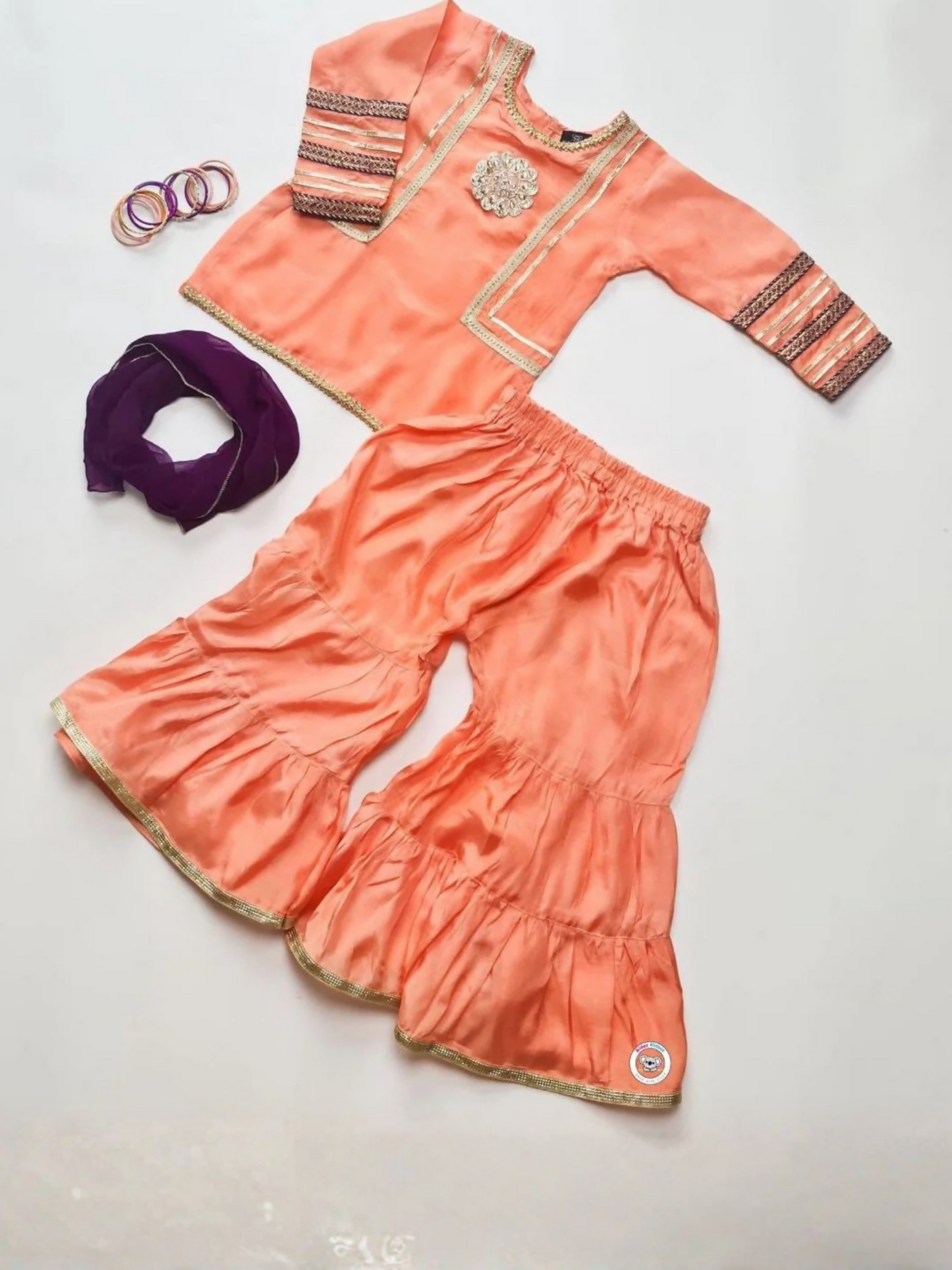 Kidoz Kloset Cotton Silk Embellished Stitched 3-Piece Suit-Peachy Plum-Gharara Set