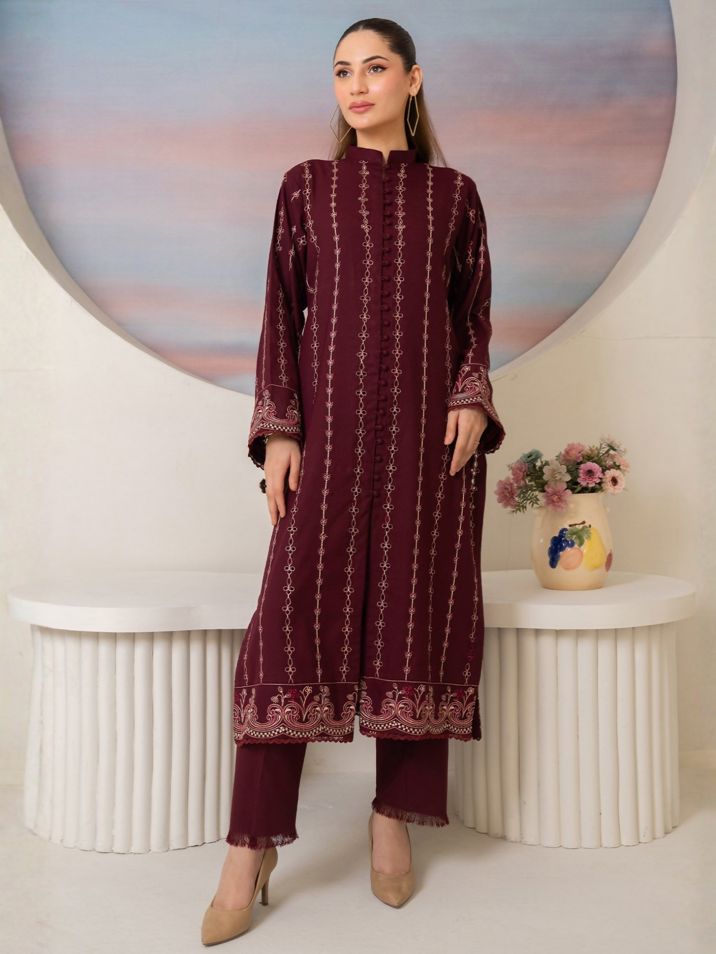 Panache Apparel Winter Basics Linen Embroidered Stitched 3-Piece Suit-Plum Royale