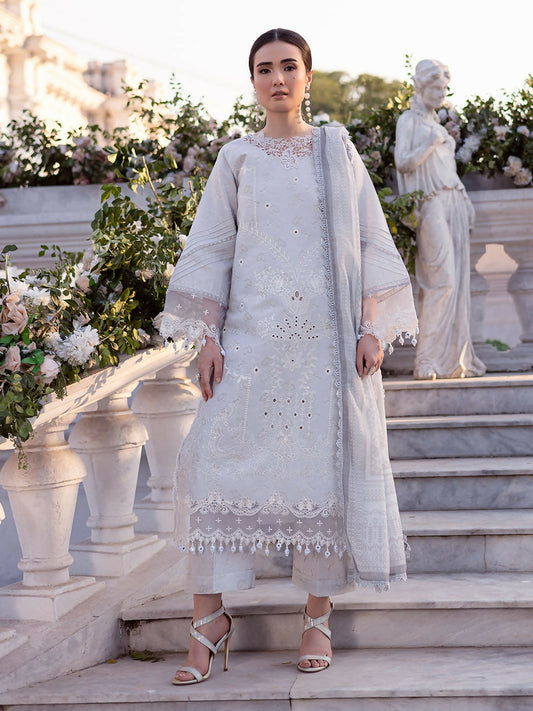 Unstitched 3-piece lawn suit with printed embroidered shirt front, monark dupatta, and printed cambric trouser.
