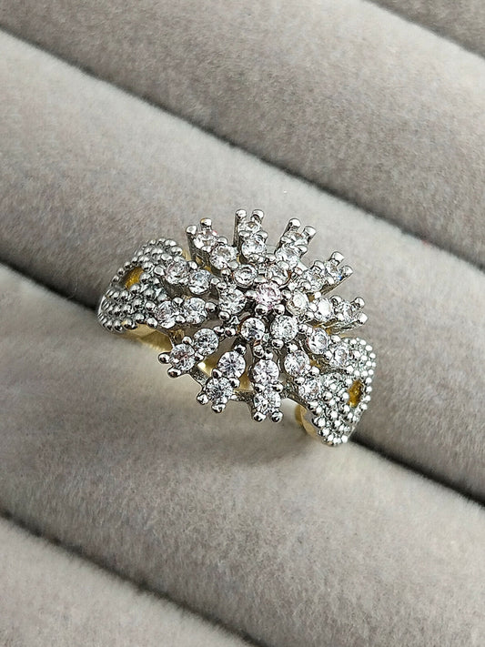 H&A brand 18K gold polished ring with a cluster of zircon diamonds and intricate band detailing.
