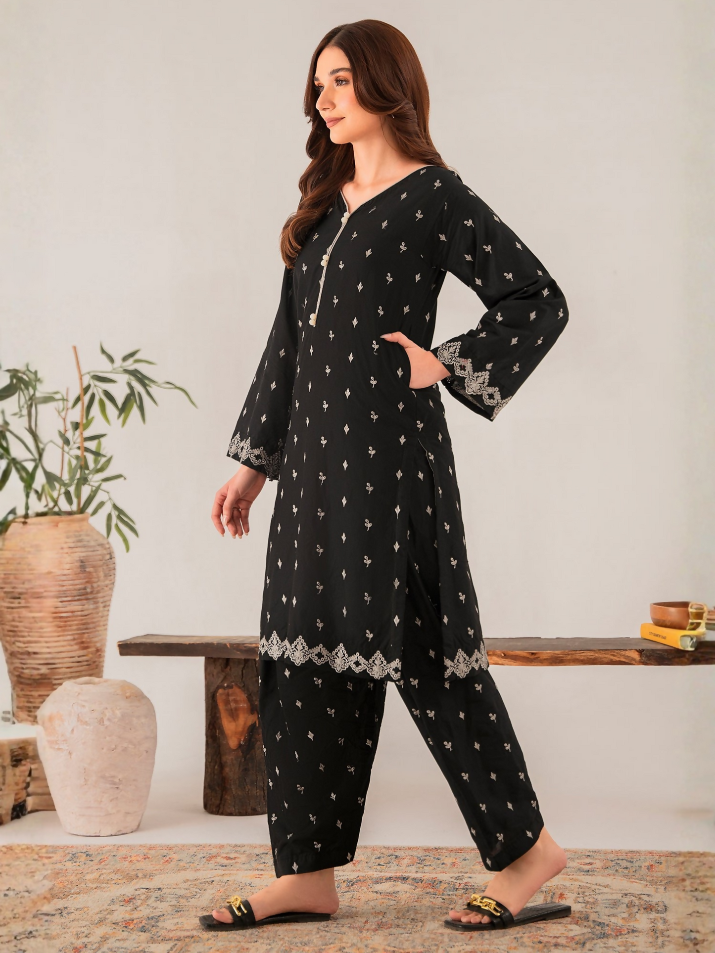 Panache Apparel Linen Embroidered Stitched Suit-Jordan
