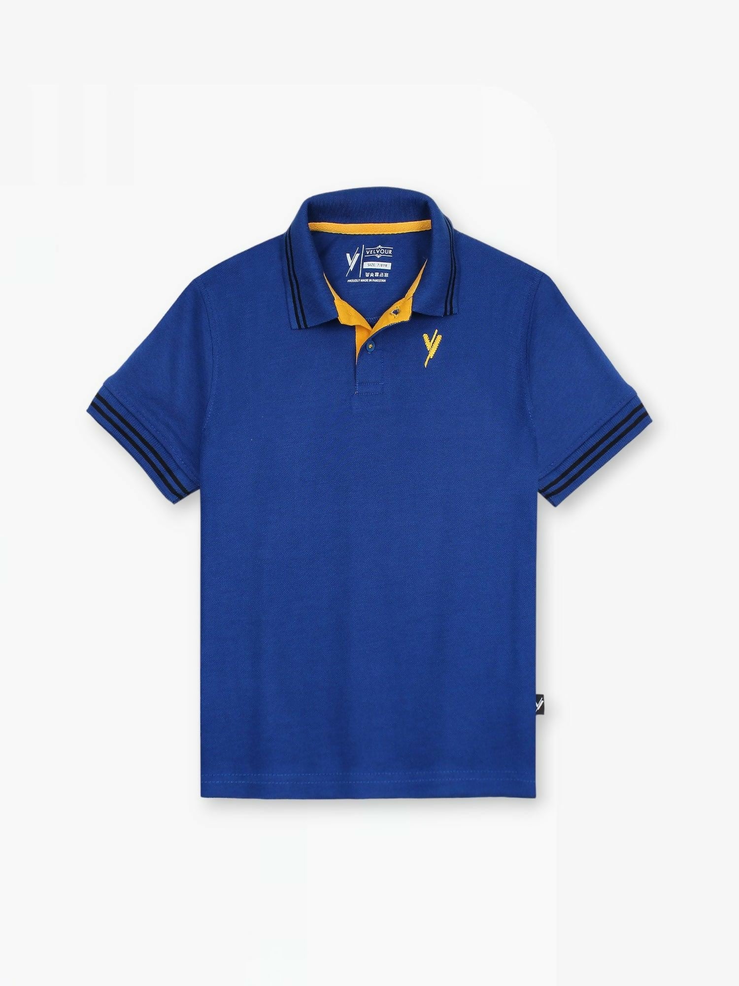 Royal blue boys’ plain polo shirt with short sleeves, tipped collar, and embroidered logo – crafted from breathable piqué fabric for summer comfort