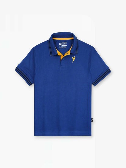 Royal blue boys’ plain polo shirt with short sleeves, tipped collar, and embroidered logo – crafted from breathable piqué fabric for summer comfort