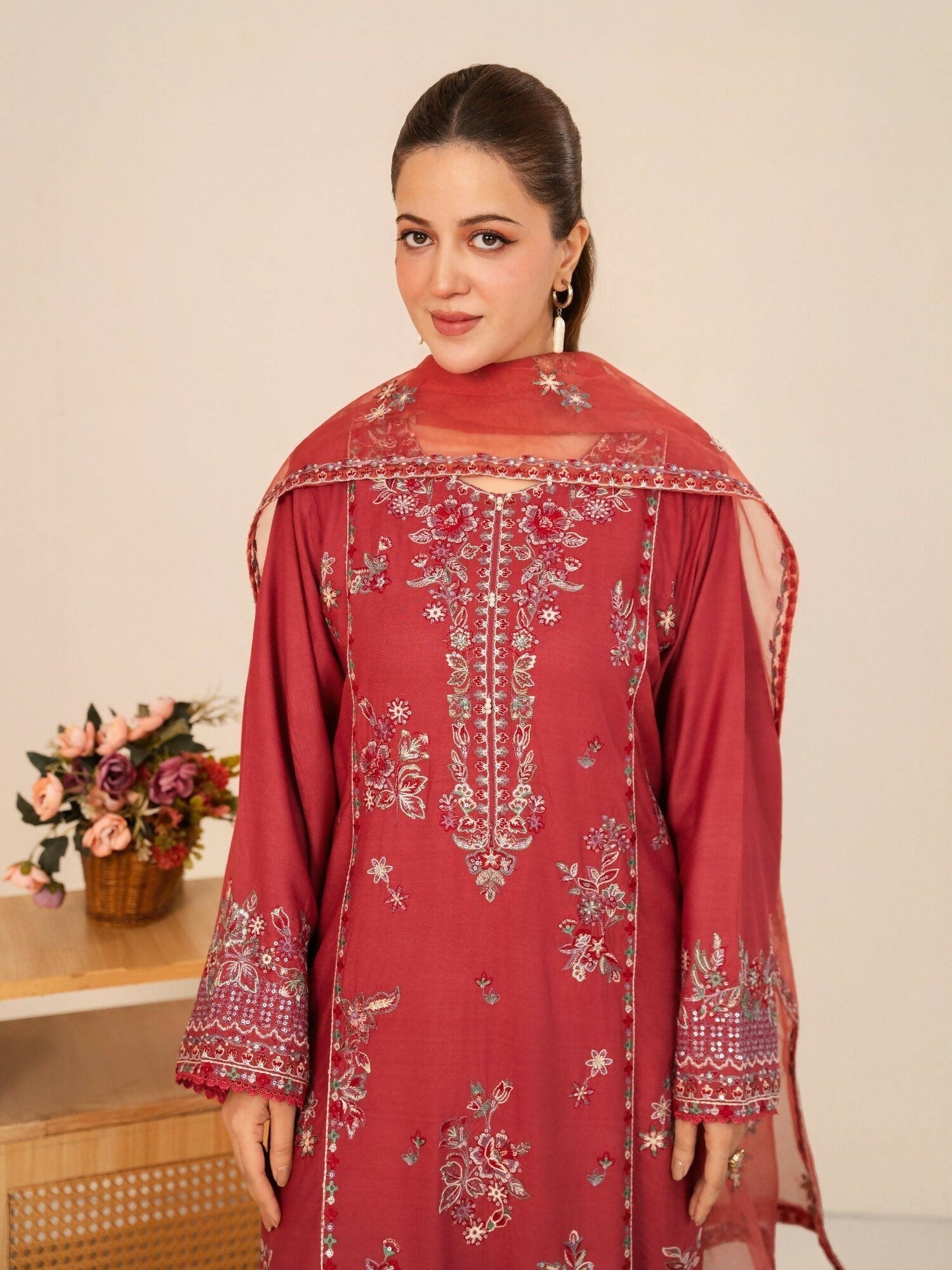 Stylish Collection Royal Pret Linen Embroidered Stitched 3-Piece Suit-Dusty Rose