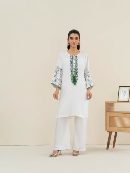 Stylish Collection Saya Pret Linen Embroidered 2-Piece Suit-Embellish White