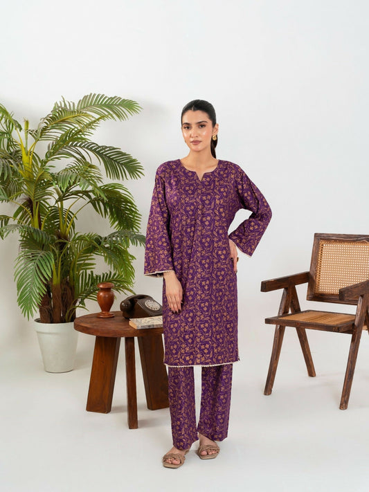 Stylish Collection Enchant Pret Linen Printed Co-Ord Set-Leaf Purple