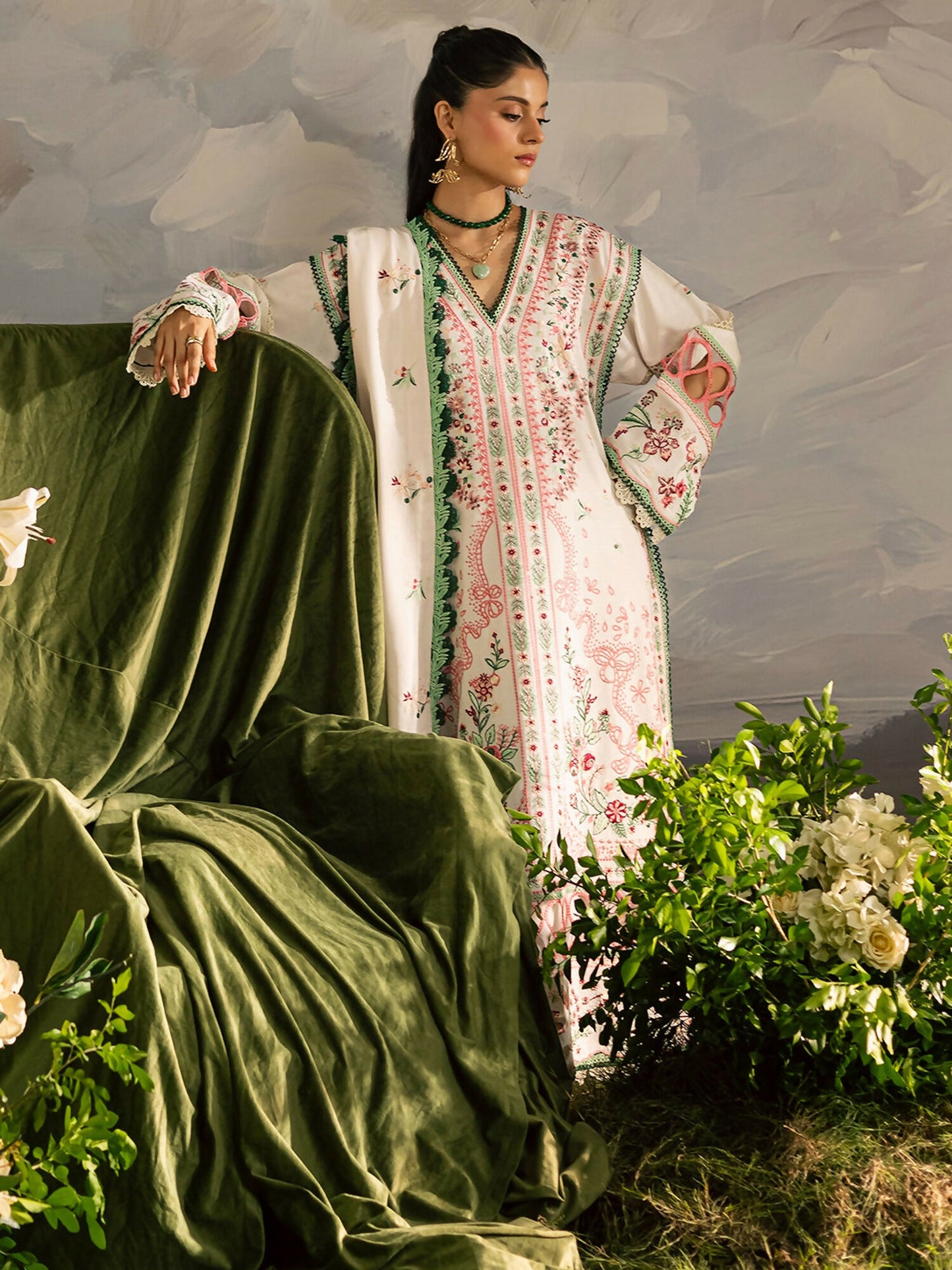 Mahnur Kaia Slub Linen Embroidered Stitched 3-Piece Suit-K- 11