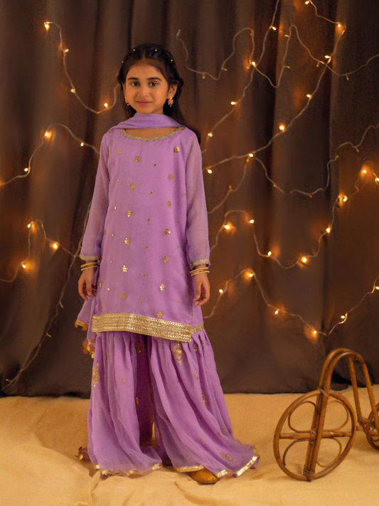 Kidoz Kloset Chiffon Embroidered Gharara-Lilac Dreams-Embroidered Gharara Set
