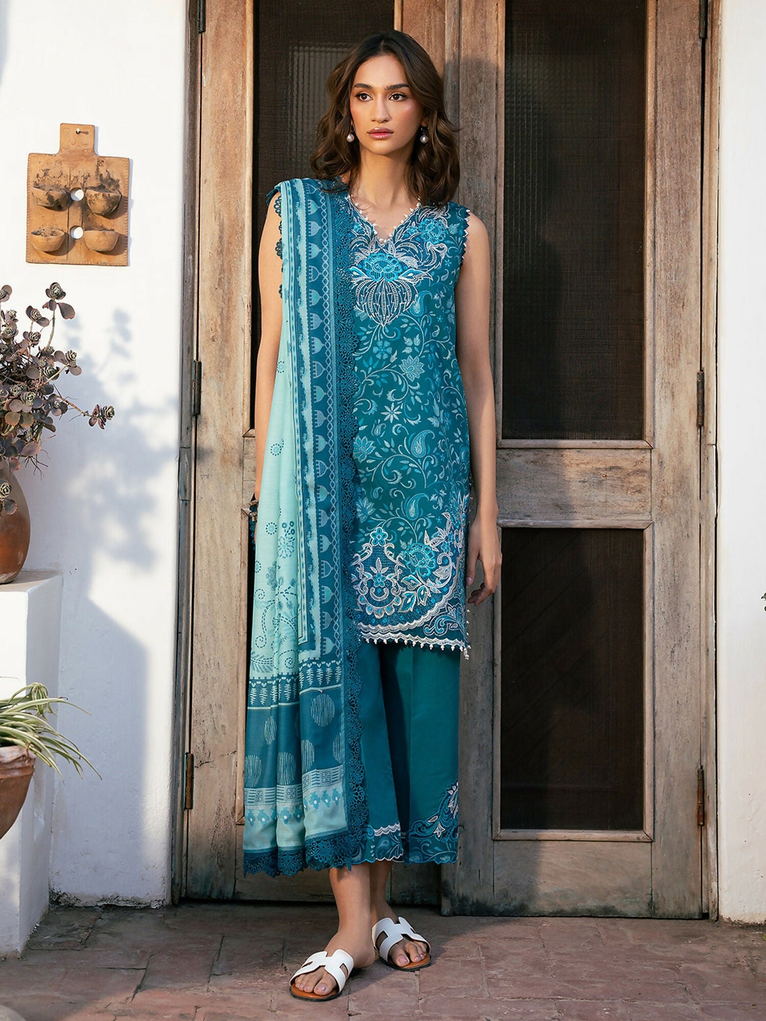 Teal Blue Binilyas Hazel Printed Embroidered Lawn Unstitched 3-Piece Suit-2073 - B