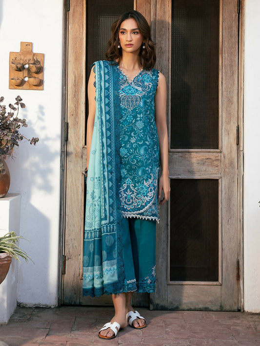 Teal Blue Binilyas Hazel Printed Embroidered Lawn Unstitched 3-Piece Suit-2073 - B