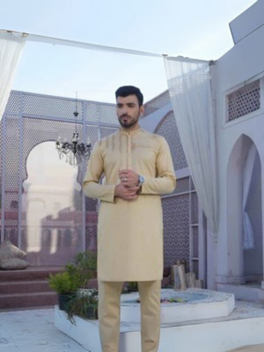 Flax Fabrich Men Embroidered Cotton Unstitched Shalwar Kameez-GTS-B-025