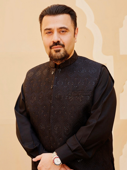 Gem Garments Raw Silk Embroidered Waist Coat-Musavir