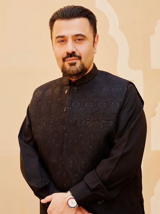 Gem Garments Raw Silk Embroidered Waist Coat-Musavir