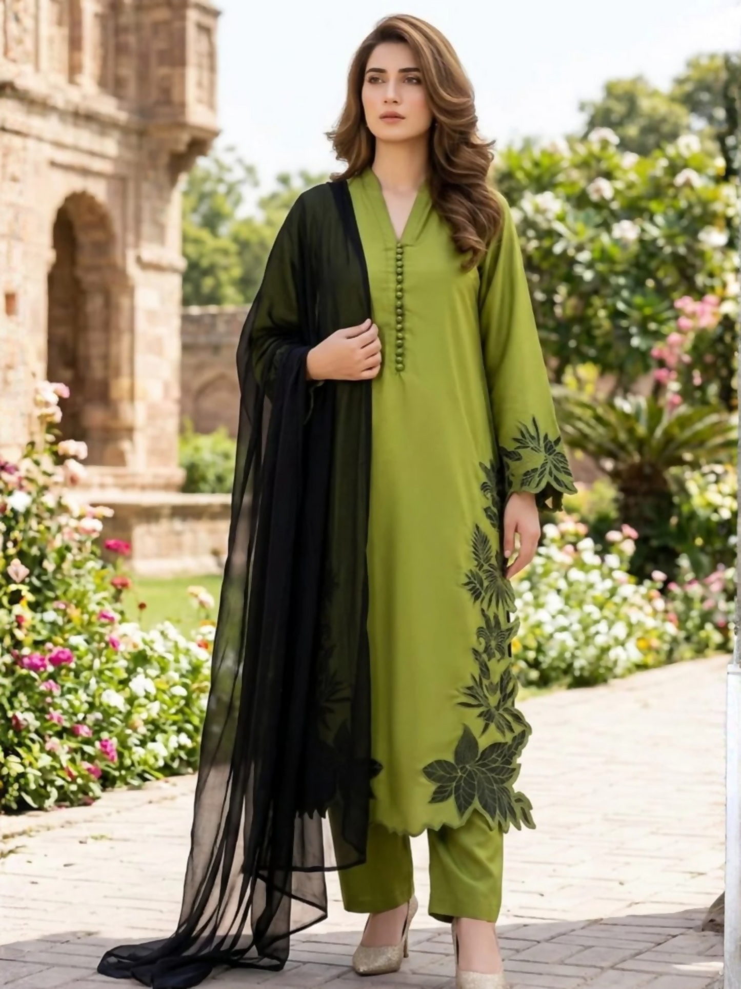Duas Boutique Linen Embroidered Stitched 3-Piece Suit-Haryali