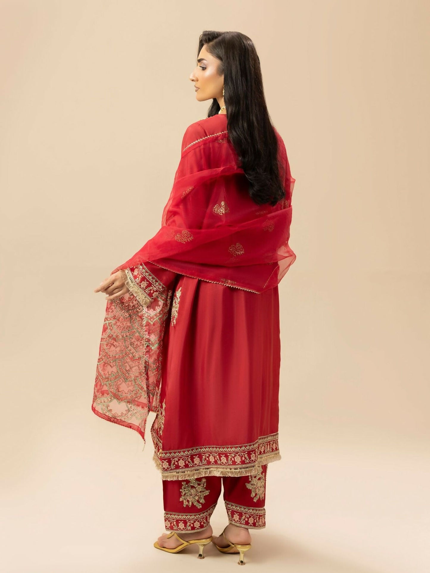 Shurooq Garden Of Dreams Silk Embellished Stitched 3-Piece Suit-Crimson
