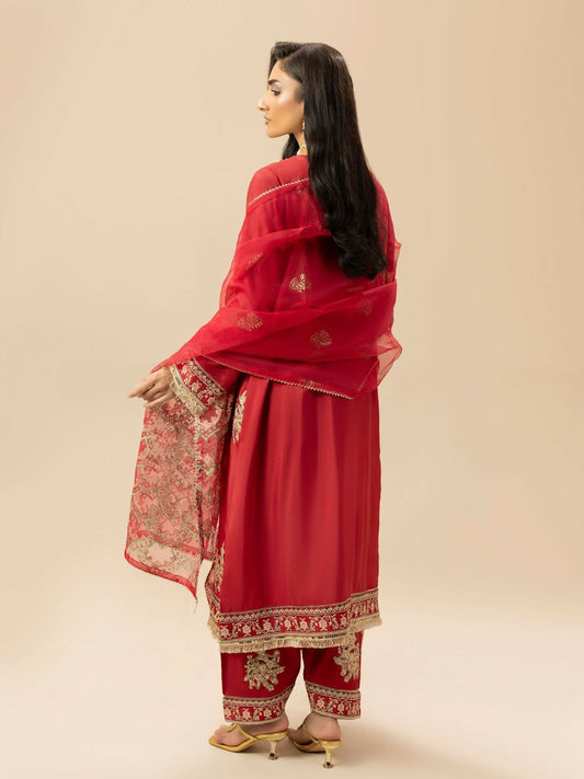 Shurooq Garden Of Dreams Silk Embellished Stitched 3-Piece Suit-Crimson