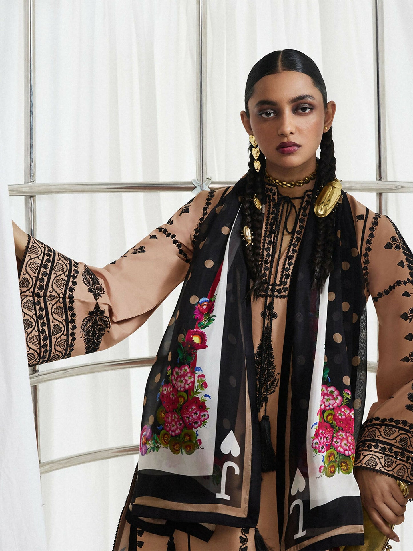 Hussain Rehar silk scarf - Dita, digitally printed with bold floral motifs, black-and-white border, and delicate tassels for an elegant finish.