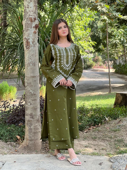 Tehzeeb Libas Cotton Lawn Embroidered Stitched 2-Piece Suit-OLIVE