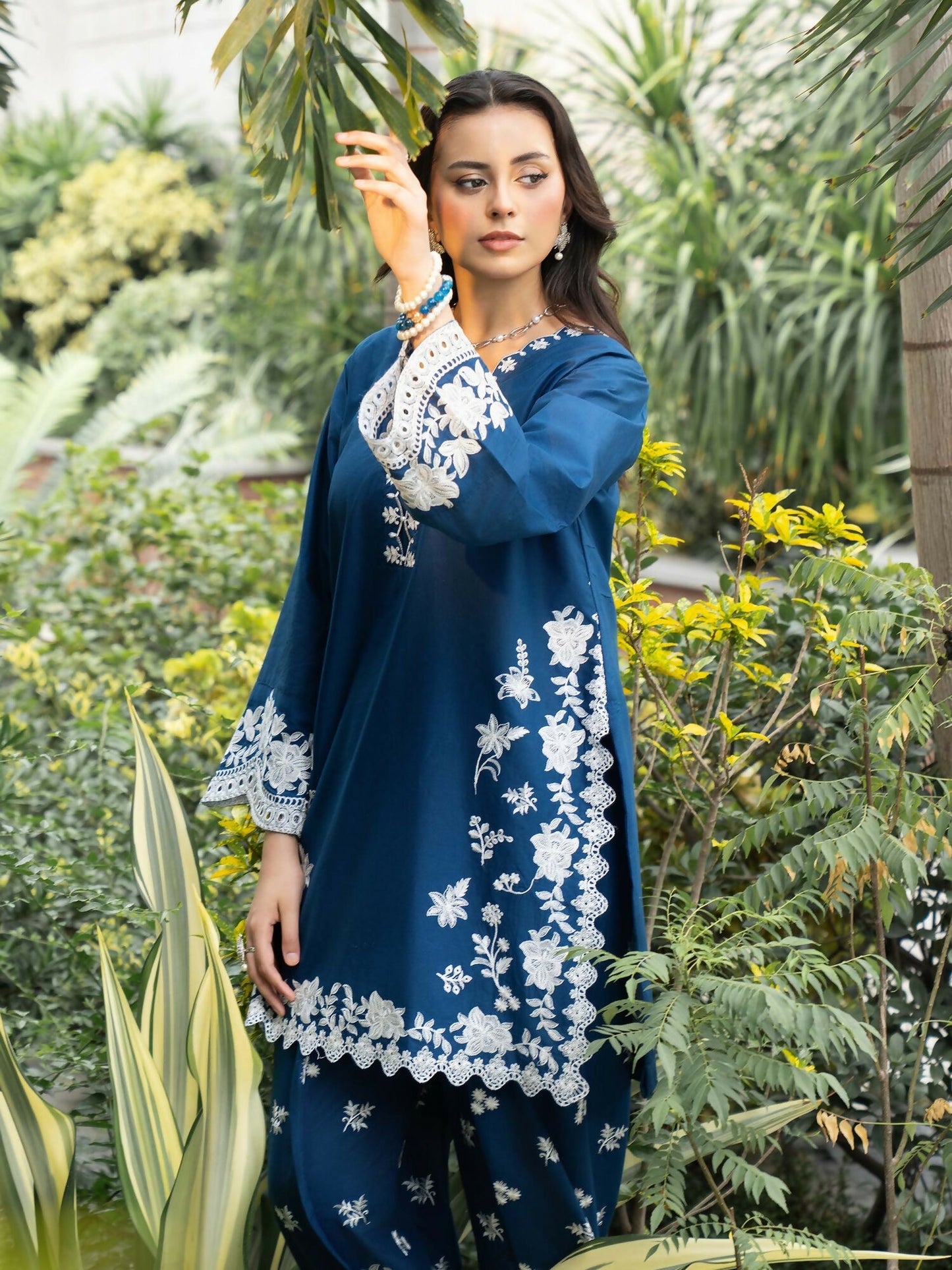 Panache Apparel Solid Story Cotton Lawn Embroidered Stitched Suit-Blue Petal