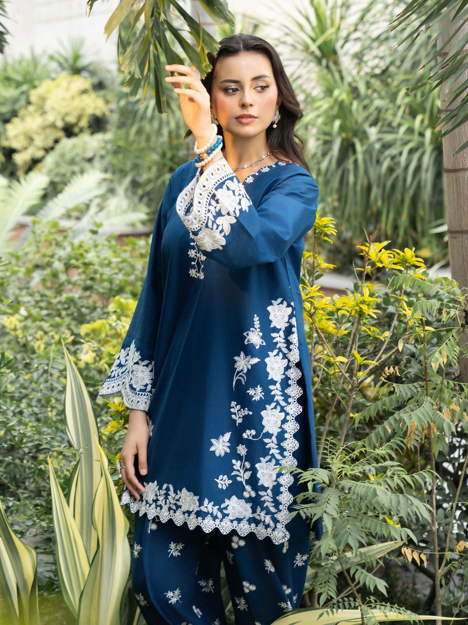 Panache Apparel Solid Story Cotton Lawn Embroidered Stitched Suit-Blue Petal