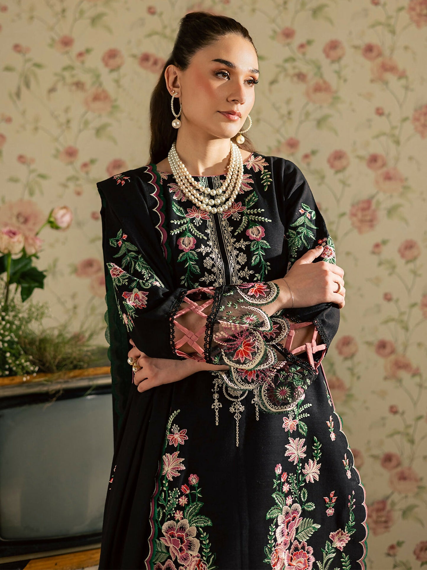 Mahnur Kaia Slub Linen Embroidered Stitched 3-Piece Suit-K- 14