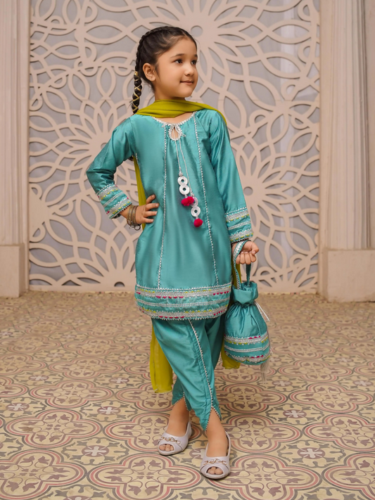 Kidoz Kloset Cotton Silk Embroidered Stitched 3-Piece Suit-Ocean Breeze-Girl