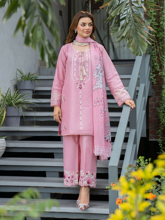 Panache Apparel Solid Story Cotton Lawn Embroidered Stitched Suit-Rosewood