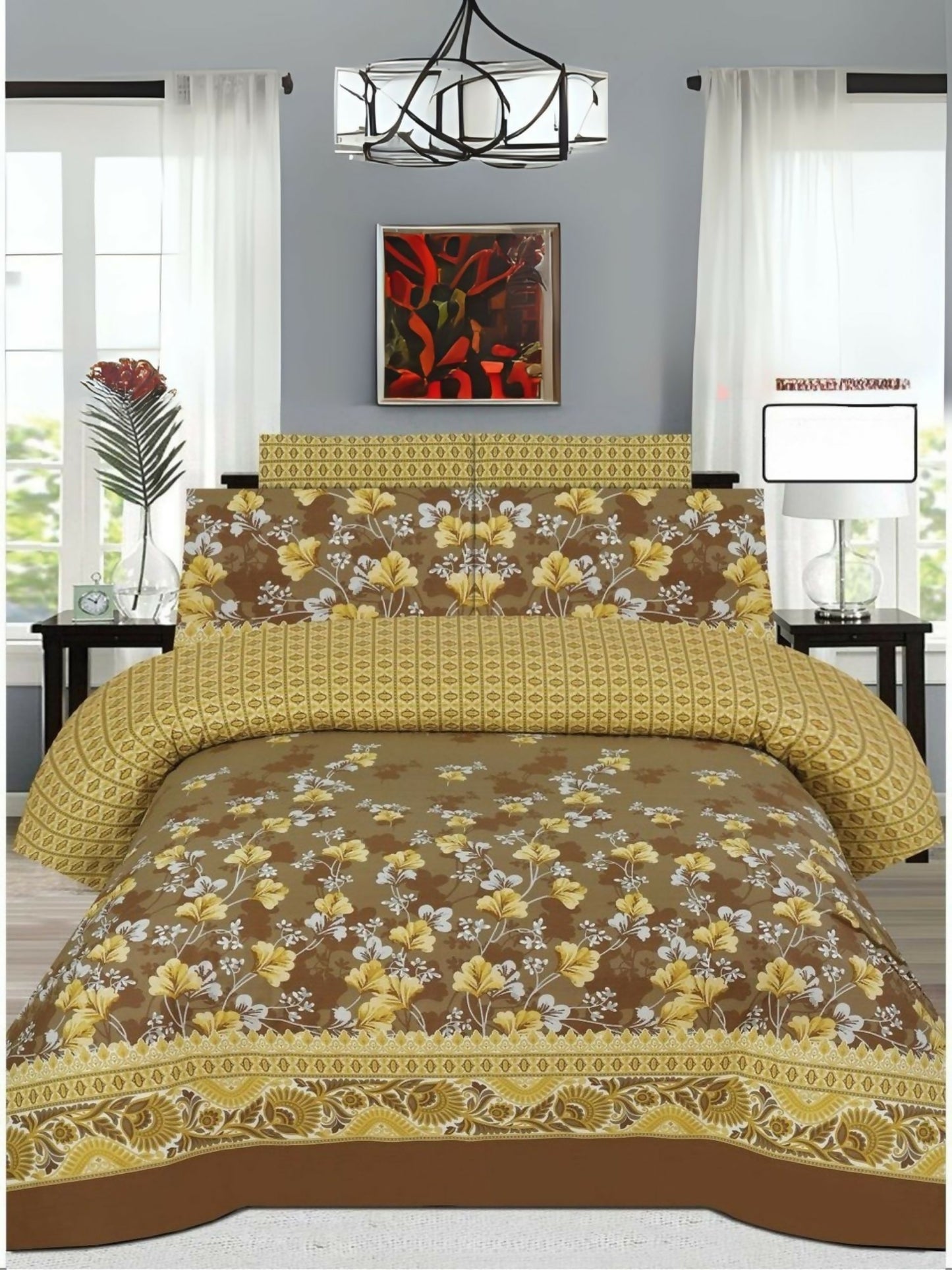 Brown Danier 6pcs Comforter Set with elegant design, includes comforter, bedsheet, and 4 pillow covers – ideal for a warm and cozy bedroom look.
