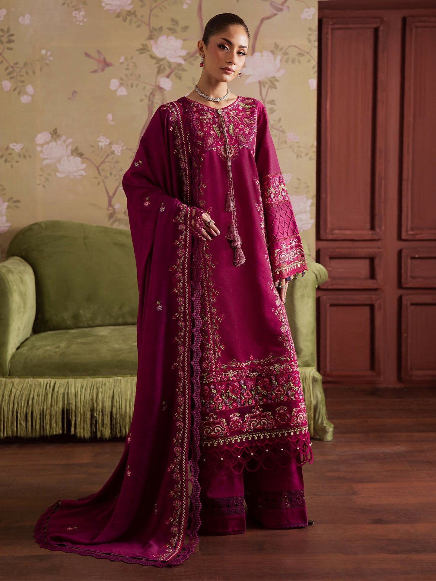 Unstitched 3-piece khaddar suit with embroidered shirt, embroidered wool shawl, and plain dyed trouser with embroidered patch from Mahnur Nova Khaddar ’25 collection.