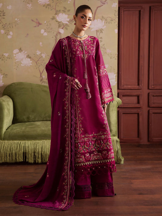 Unstitched 3-piece khaddar suit with embroidered shirt, embroidered wool shawl, and plain dyed trouser with embroidered patch from Mahnur Nova Khaddar ’25 collection.