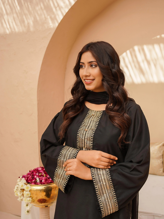 Kidoz Kloset Rang Rasiya Cotton Silk Embroidered Stitched 3-Piece Suit-Midnight Luxe-Women